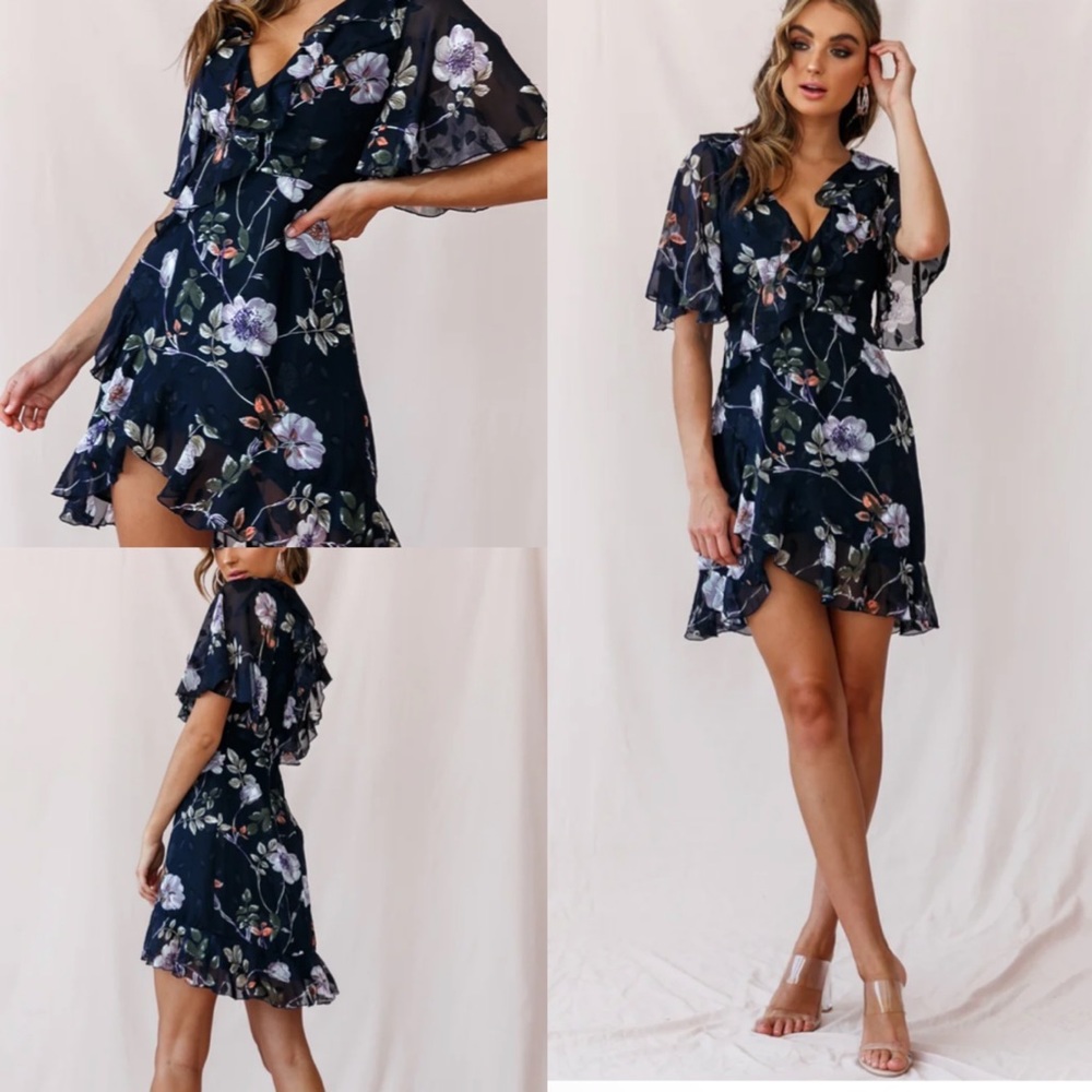Navy Angel Sleeve Ruffle Floral Detail Dress